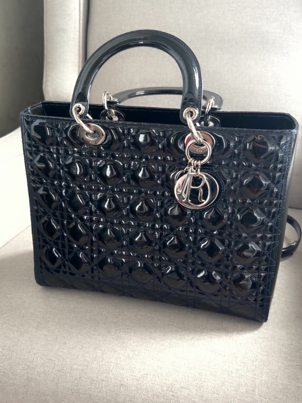 Dior navy blue Patent Lady Dior Satchel with Silver Hardware